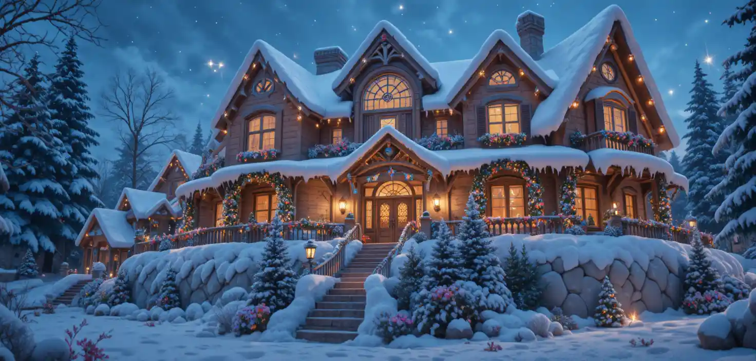 Tiny characters climbing a huge festive house exterior