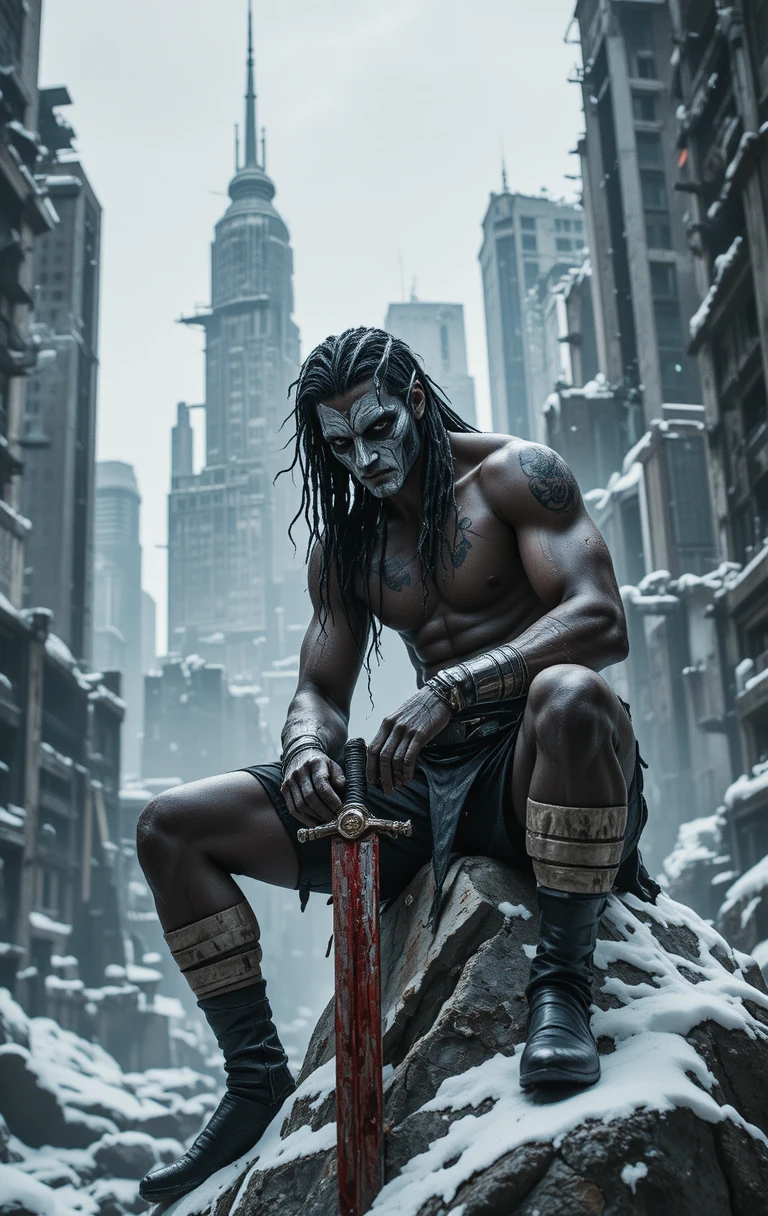 Warrior With Tribal Mask Resting In Ruined Snowy City