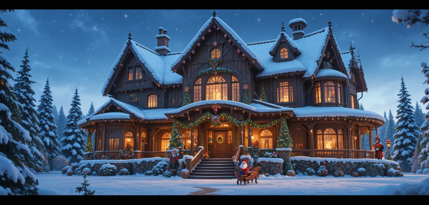 Minuscules personnages escaladant une gigantesque maison décorée de Noël