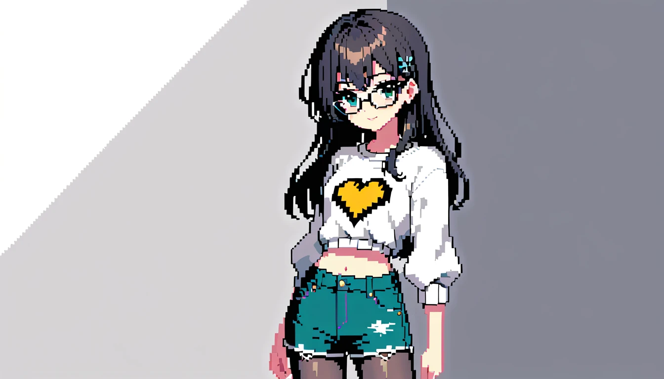 Garota em pixel art com roupa casual diante de parede cinza