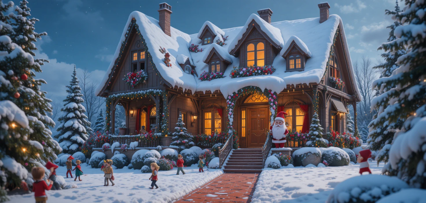 Personagens minúsculos escalando a fachada de uma enorme casa de Natal