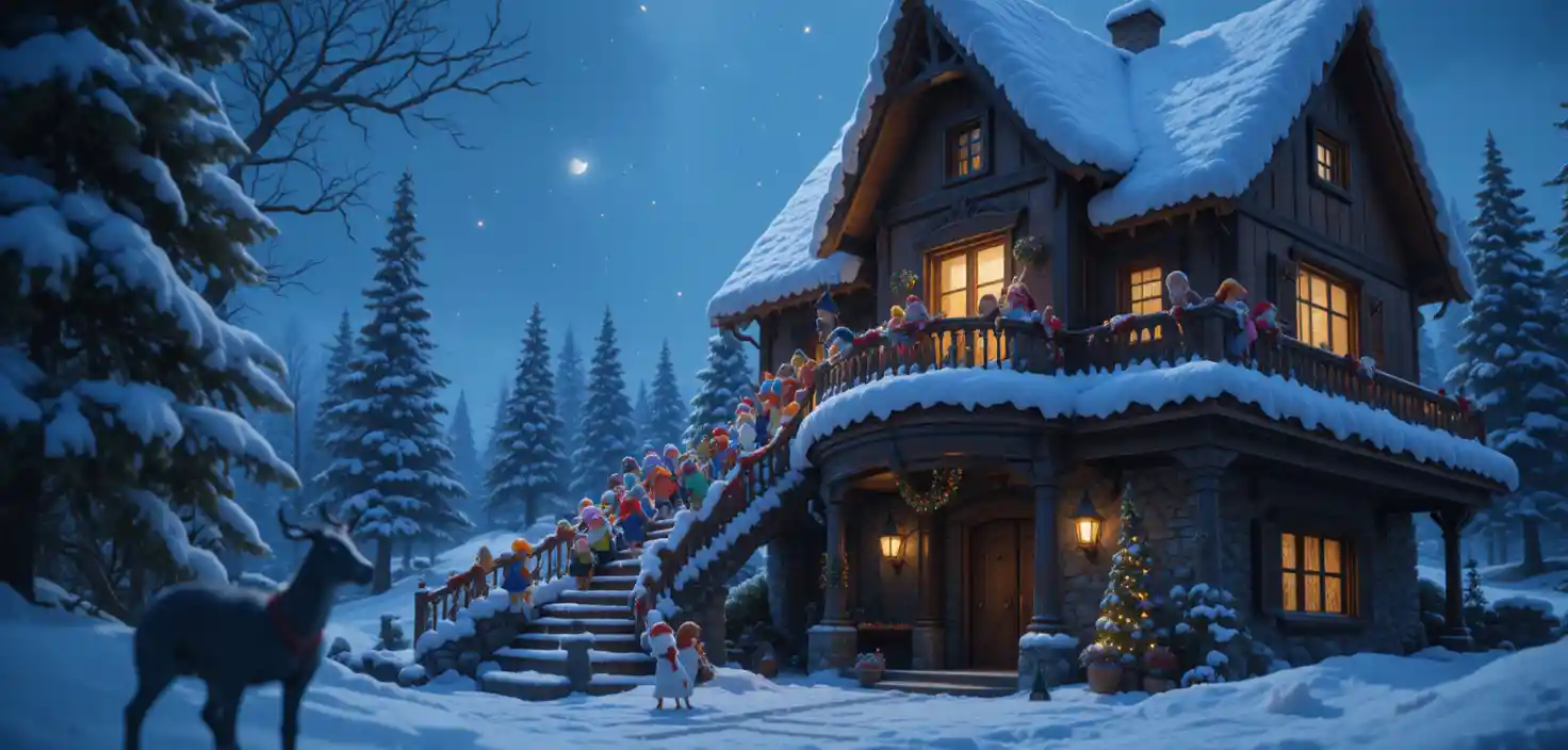Minuscoli personaggi che scalano una casa enorme con Babbo Natale