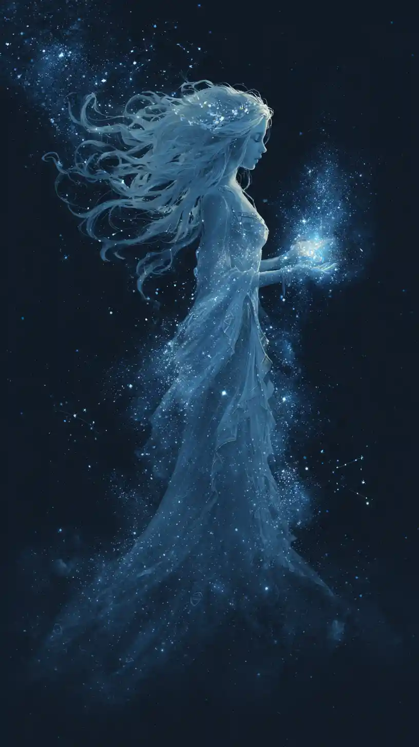 Mystical woman merging with a starlit cosmic night