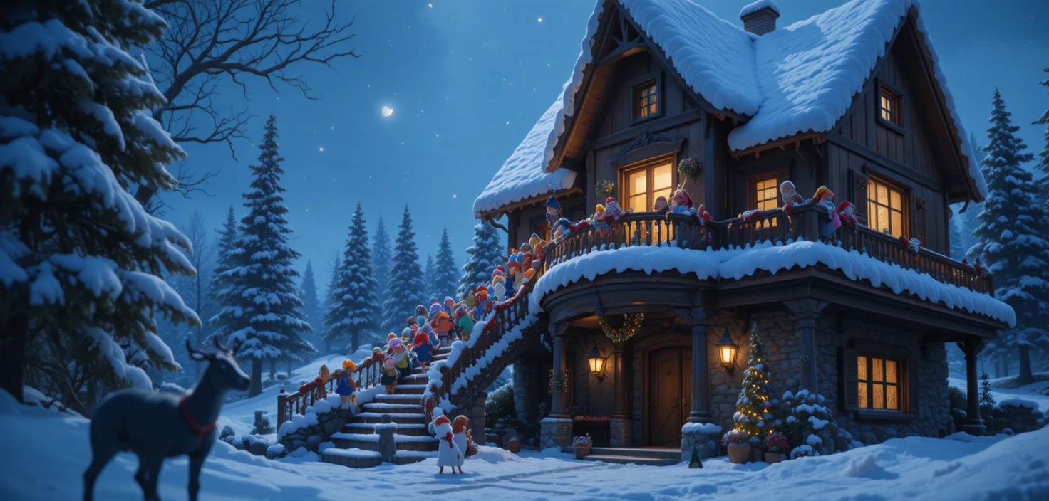 Minuscoli personaggi che scalano una casa enorme con Babbo Natale