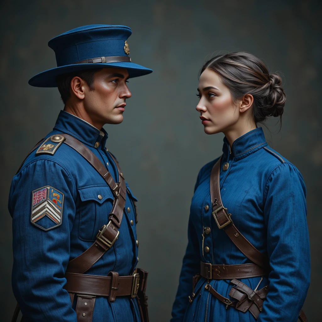 Soldados da União e Confederados de uniforme azul frente a frente
