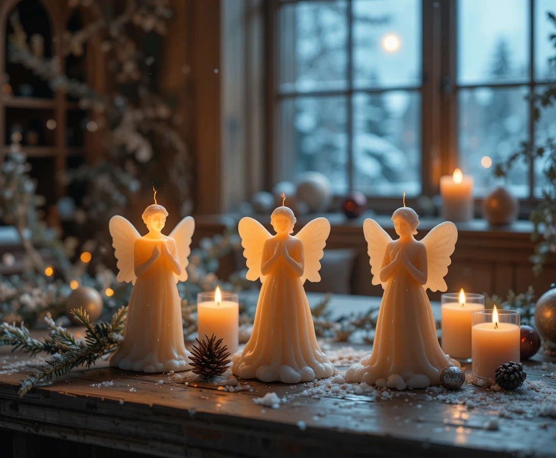 Engelkerzen auf einem rustikalen Tisch in der Weihnachtsnacht