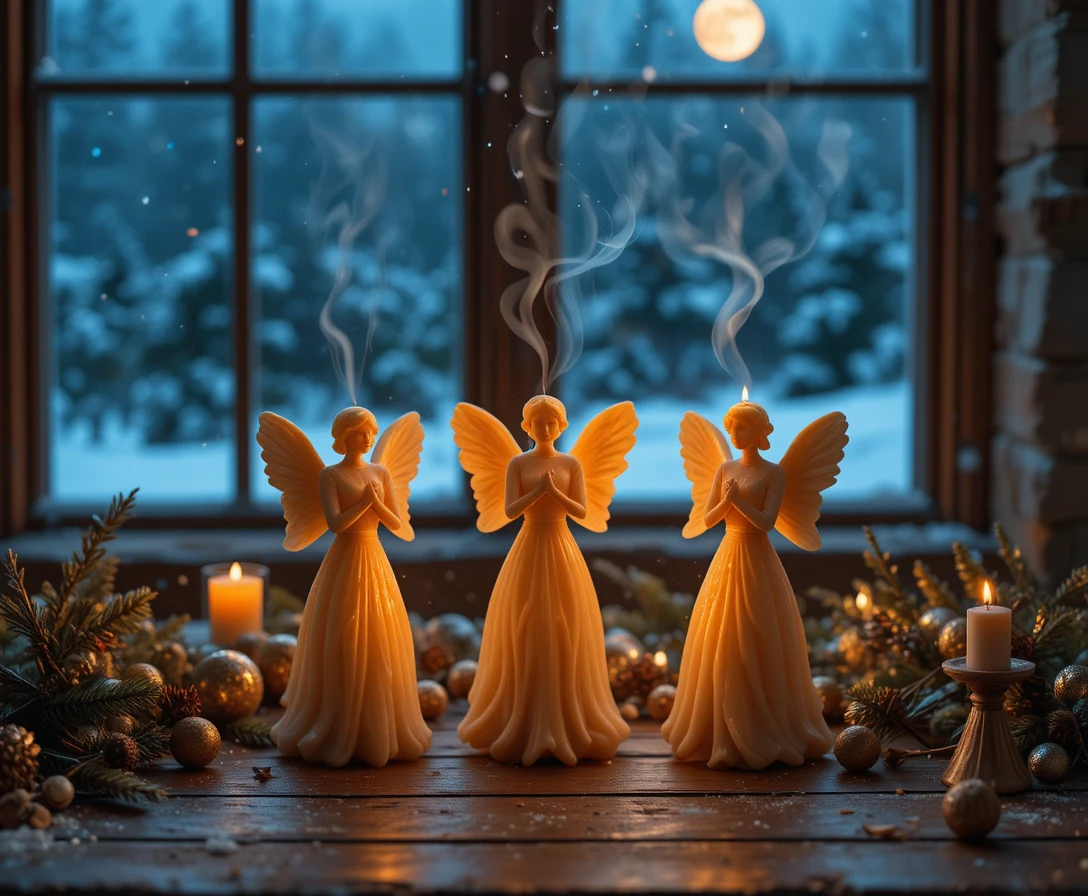 Bougies anges sur table rustique lors d’une nuit de Noël paisible