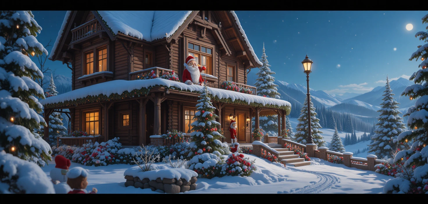 Minúsculos personajes trepan una casa gigante junto a Papá Noel