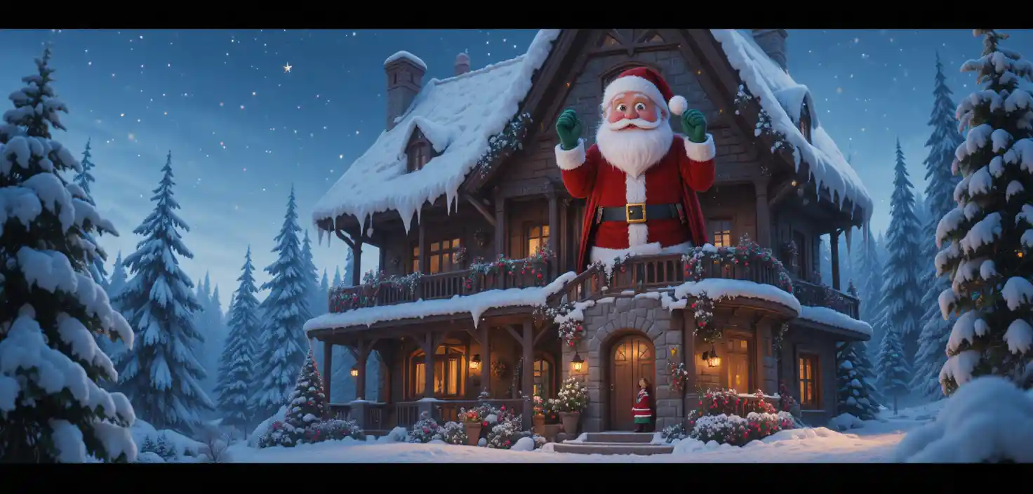 Winzige Figuren klettern an einem riesigen Haus mit dem Weihnachtsmann