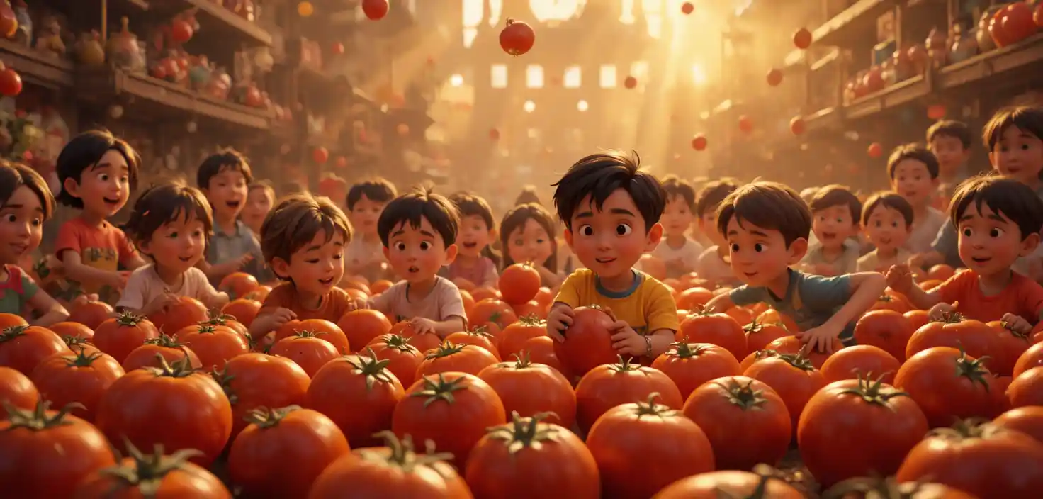 Niños juguetones en una escena veraniega y soleada de batalla de tomates
