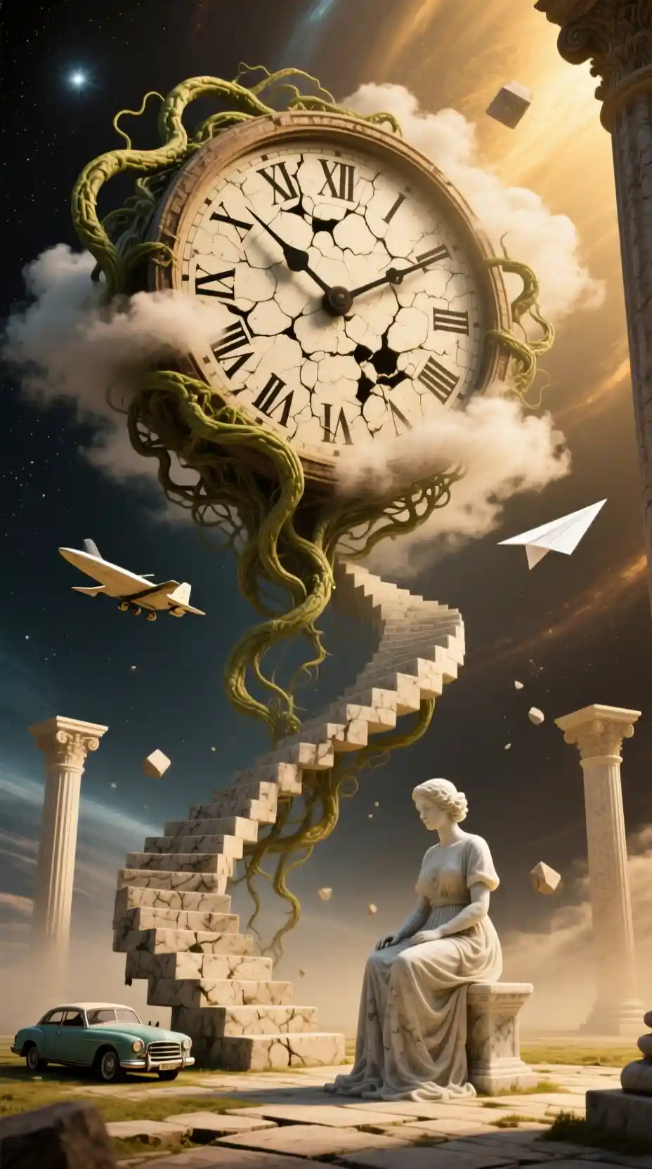 Antiguo reloj derretido flotando en un espacio surrealista infinito
