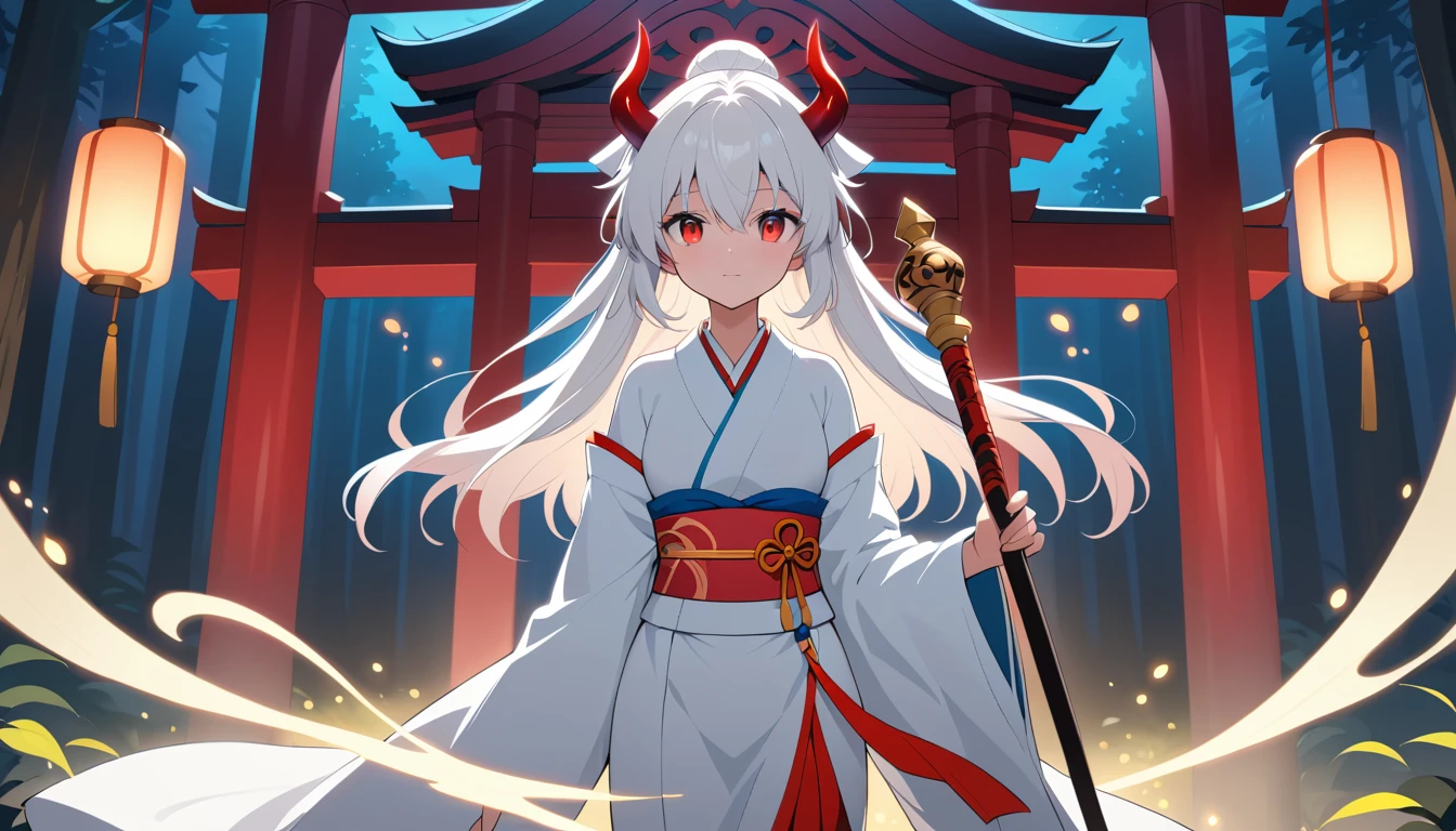 Sacerdotisa de anime de quimono em templo à noite