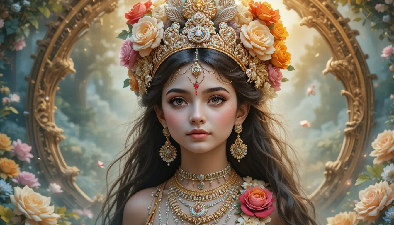 Celebração devocional com texto e símbolos Jai Shri Krishna