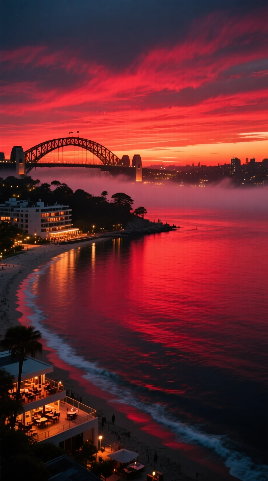 Pôr do sol vermelho cinematográfico sobre uma tranquila baía costeira grega