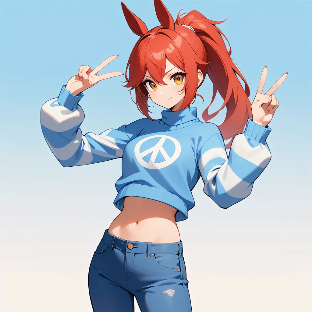 穿藍色毛衣比出勝利手勢的紅髮擬人母馬