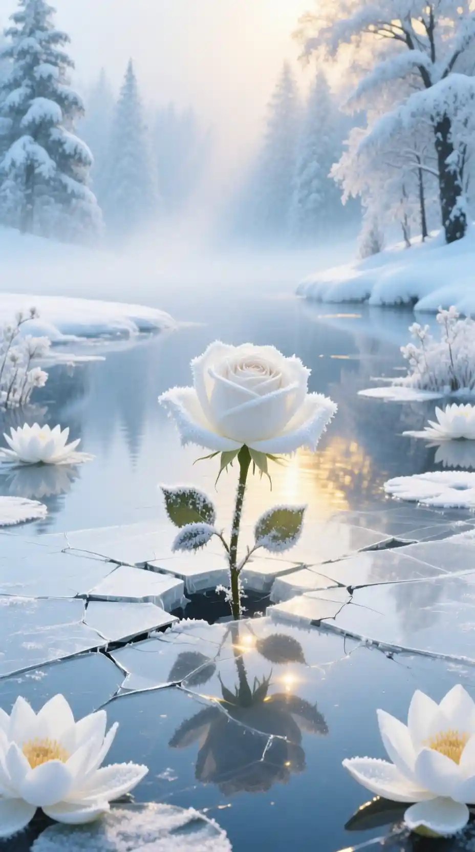 갈라진 얼어붙은 연못 위에 떠오르는 몽환적인 흰 장미