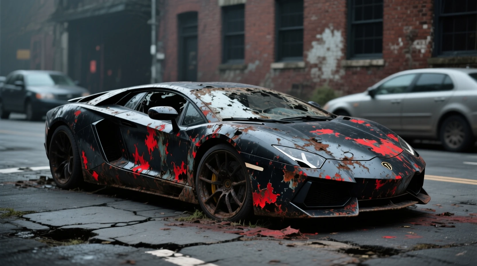 Voiture de luxe noire en décomposition rouillant sur une rue urbaine fissurée