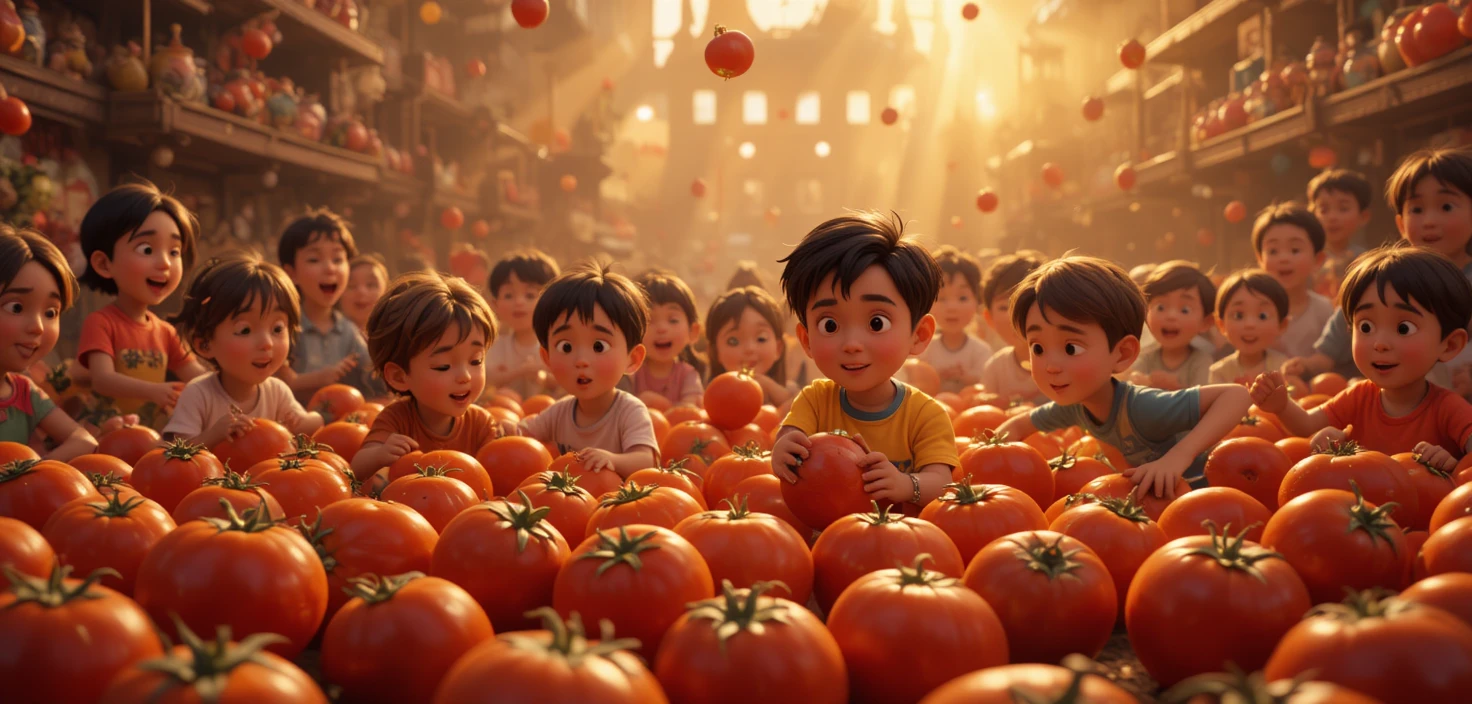 Enfants espiègles dans une scène ensoleillée de bataille de tomates d’été
