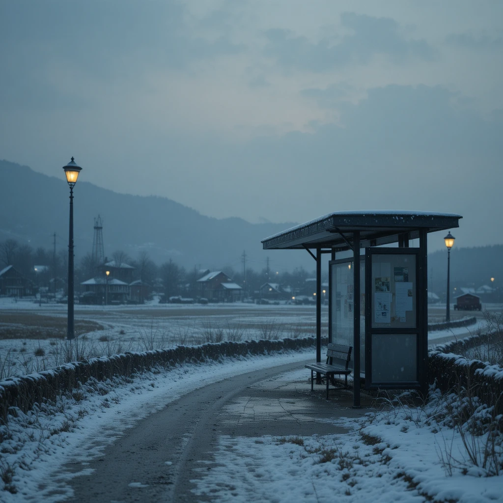 Ponto de ônibus rural coreano solitário na neve ao anoitecer