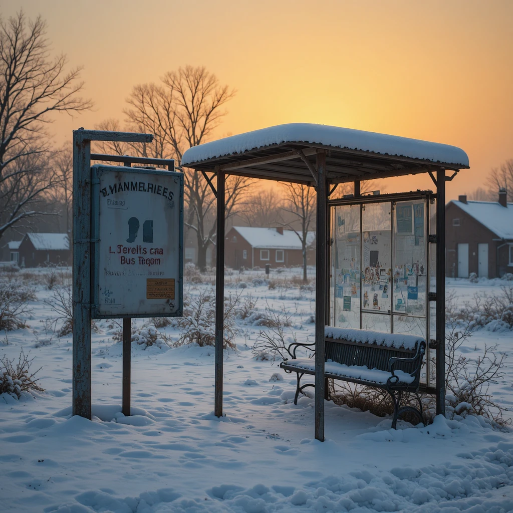 Ponto de ônibus rural coberto de neve ao pôr do sol alaranjado