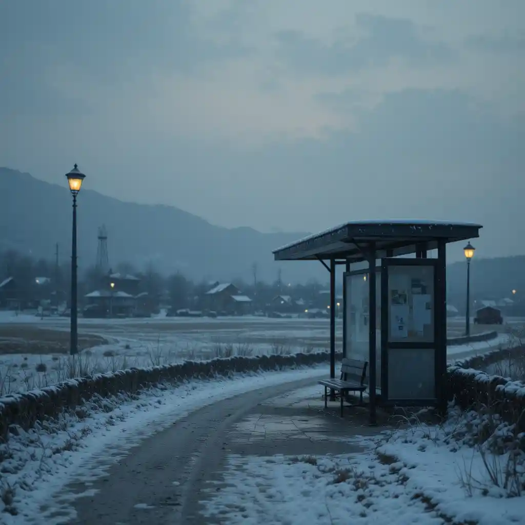 Lonely rural Korean bus stop in snowfall at dusk