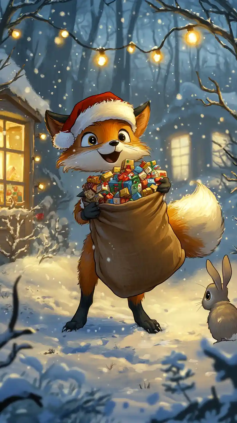 Fox Santa With Toy Sack In Snowy Forest Illustration