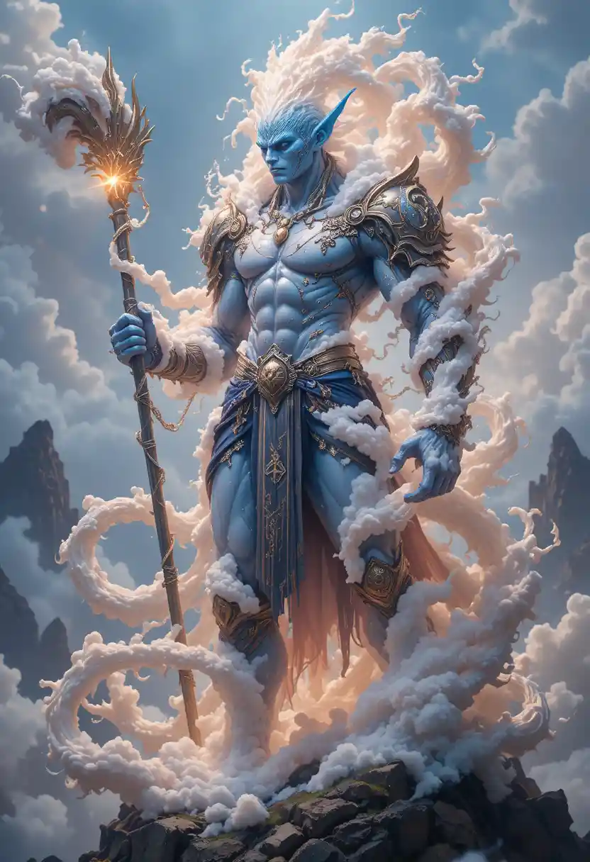 Blue skinned shark headed fishman warrior on a remote island