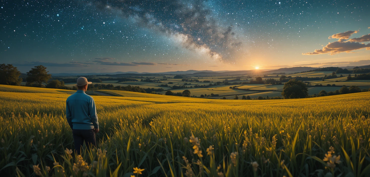 Camponeses Trabalhando nos Campos sob um Céu Estrelado Imenso