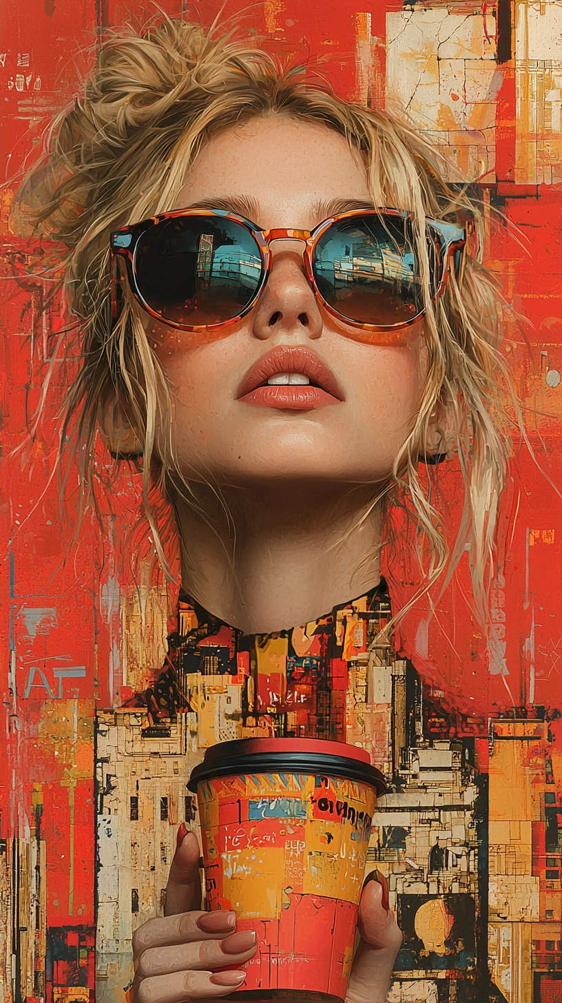 Woman in sunglasses against vibrant abstract city collage