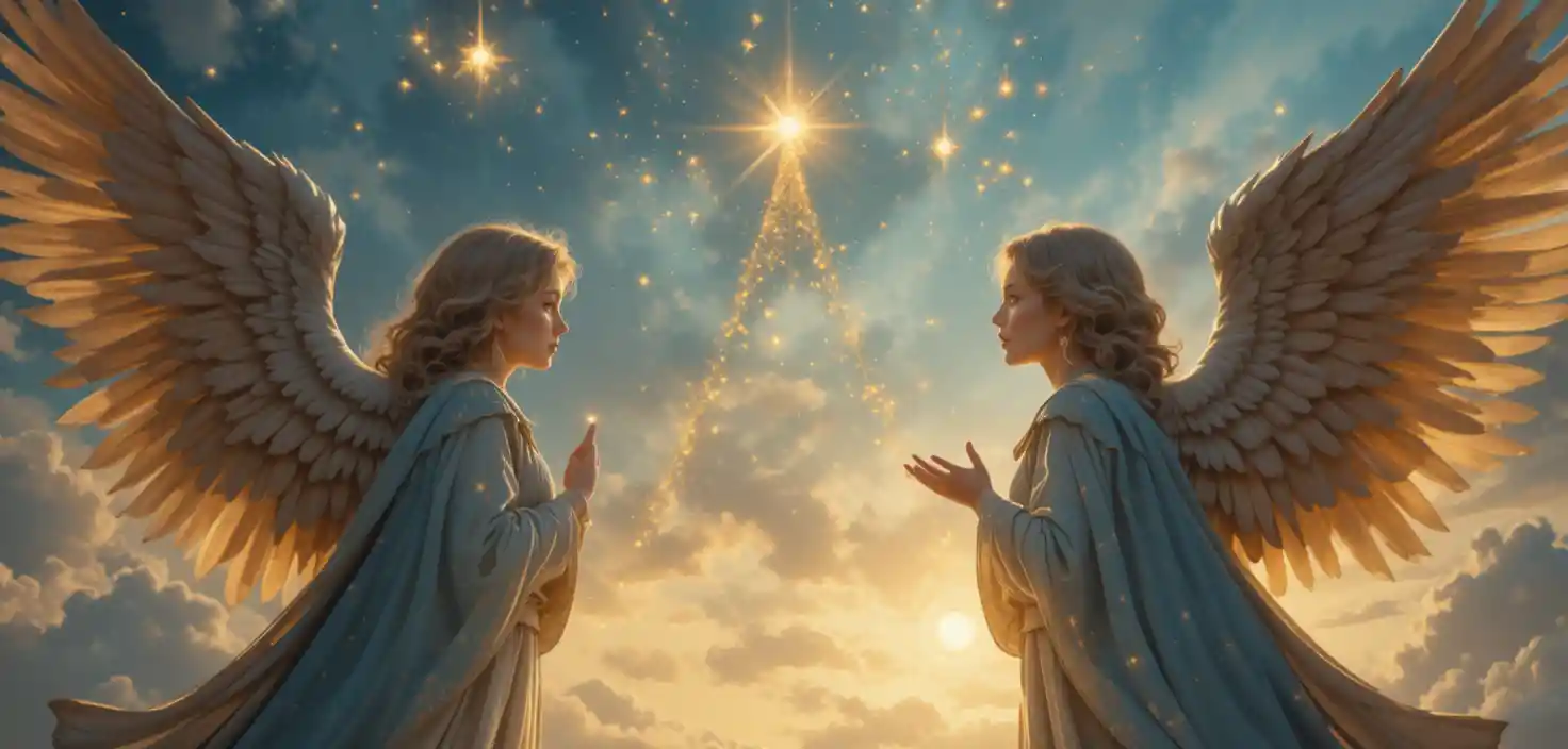 Two angels watching humans celebrate Christmas in the sky