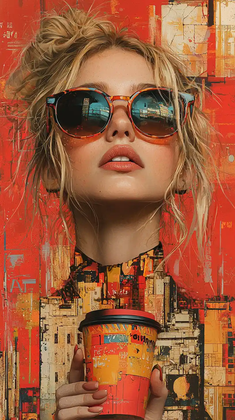 Woman in sunglasses against vibrant abstract city collage