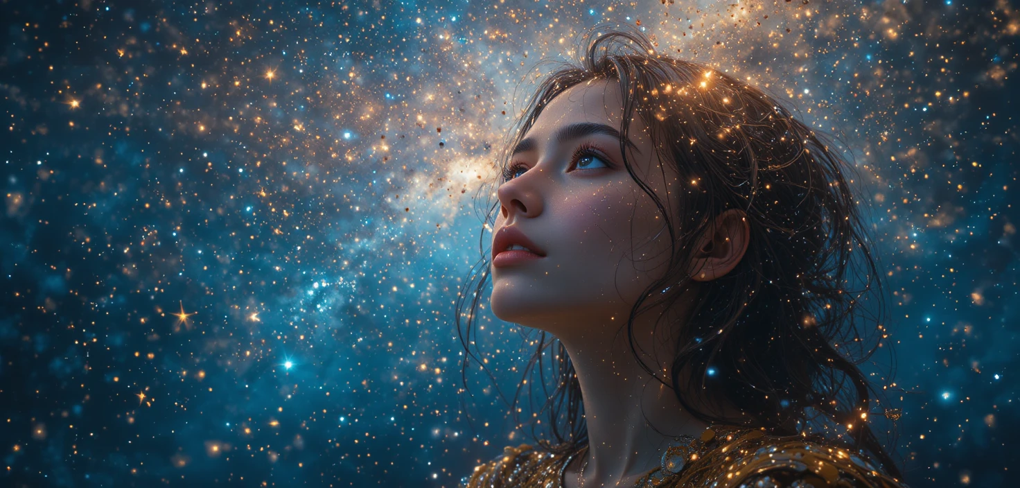 Femme regardant vers un univers chaleureux rempli d’étoiles