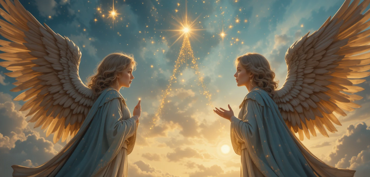 Dois anjos observando humanos comemorarem o Natal no céu