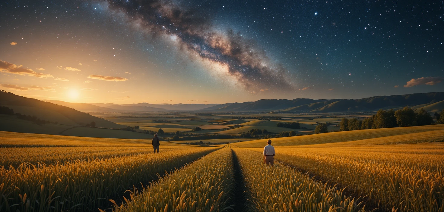 Multidão de camponeses trabalhando nos campos sob um vasto universo estrelado