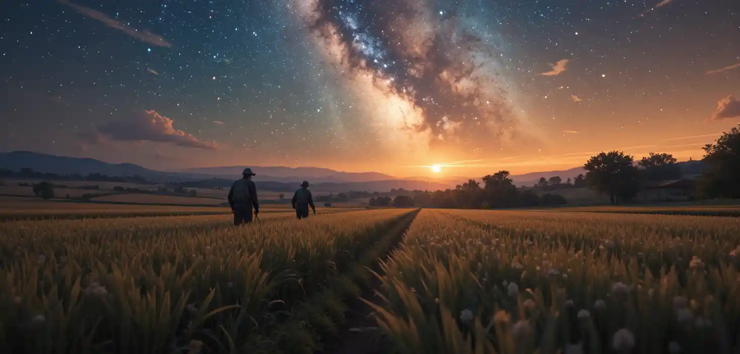 Des fermiers travaillant dans les champs sous un ciel chaleureux, étoilé et infini