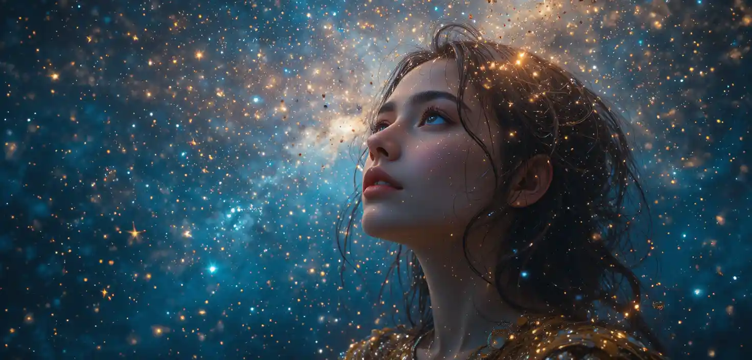Femme regardant vers un univers chaleureux rempli d’étoiles