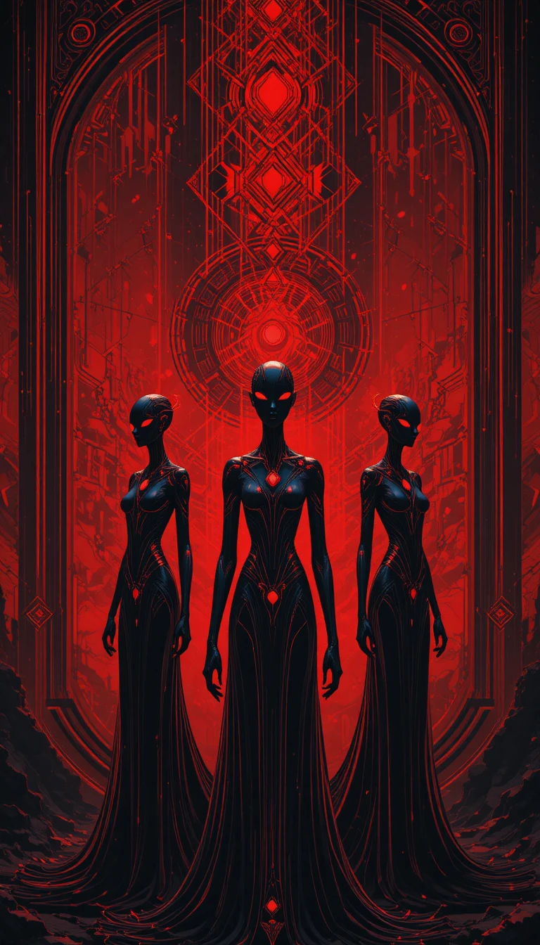 Three Alien Figures With Red Orbs On Abstract Red Background