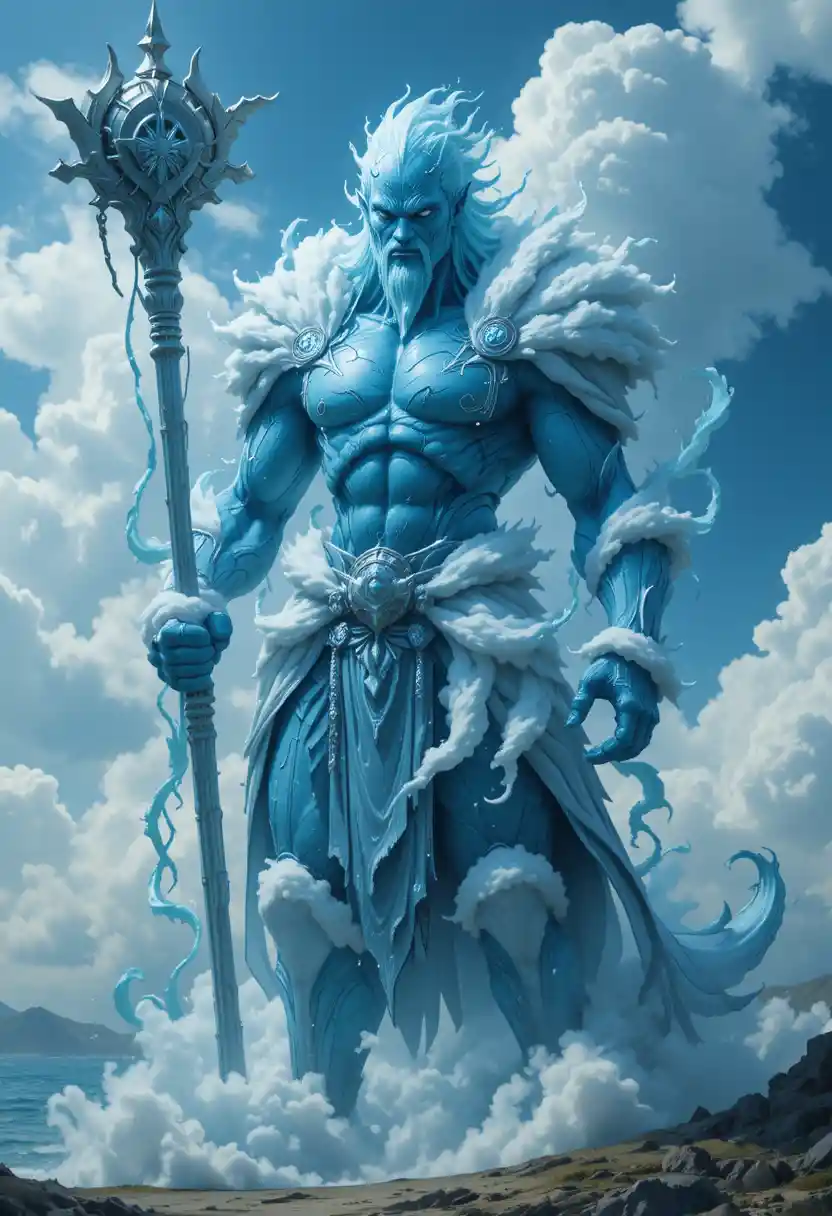 Blue shark headed fishman warrior in combat on an island