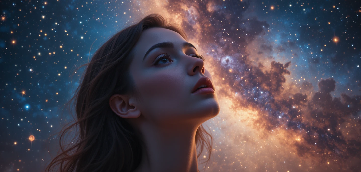Femme contemplant un ciel nocturne étoilé et chaleureux