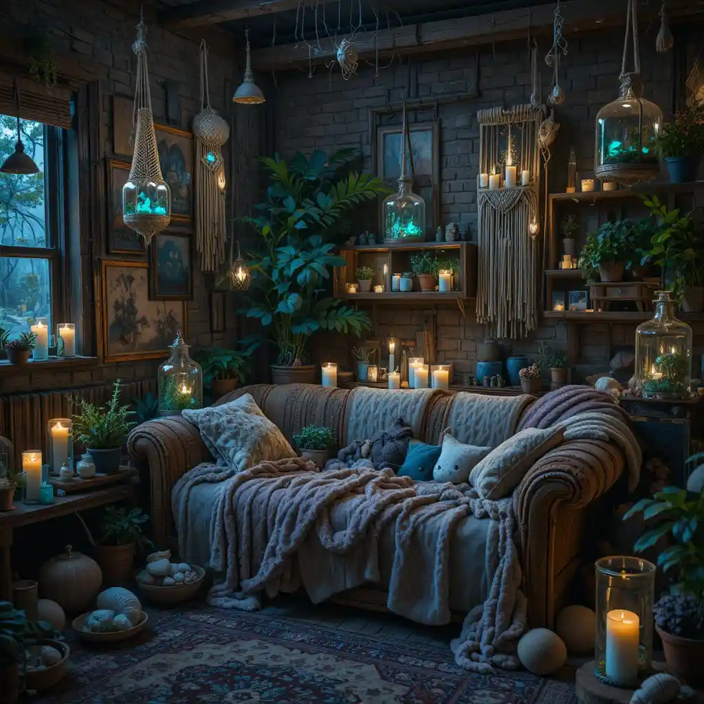 Gemütliches Boho-Wohnzimmer im Kerzen- und Pilzlicht