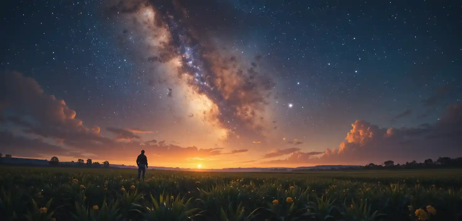 Farmers working fields under a vast starry universe sky