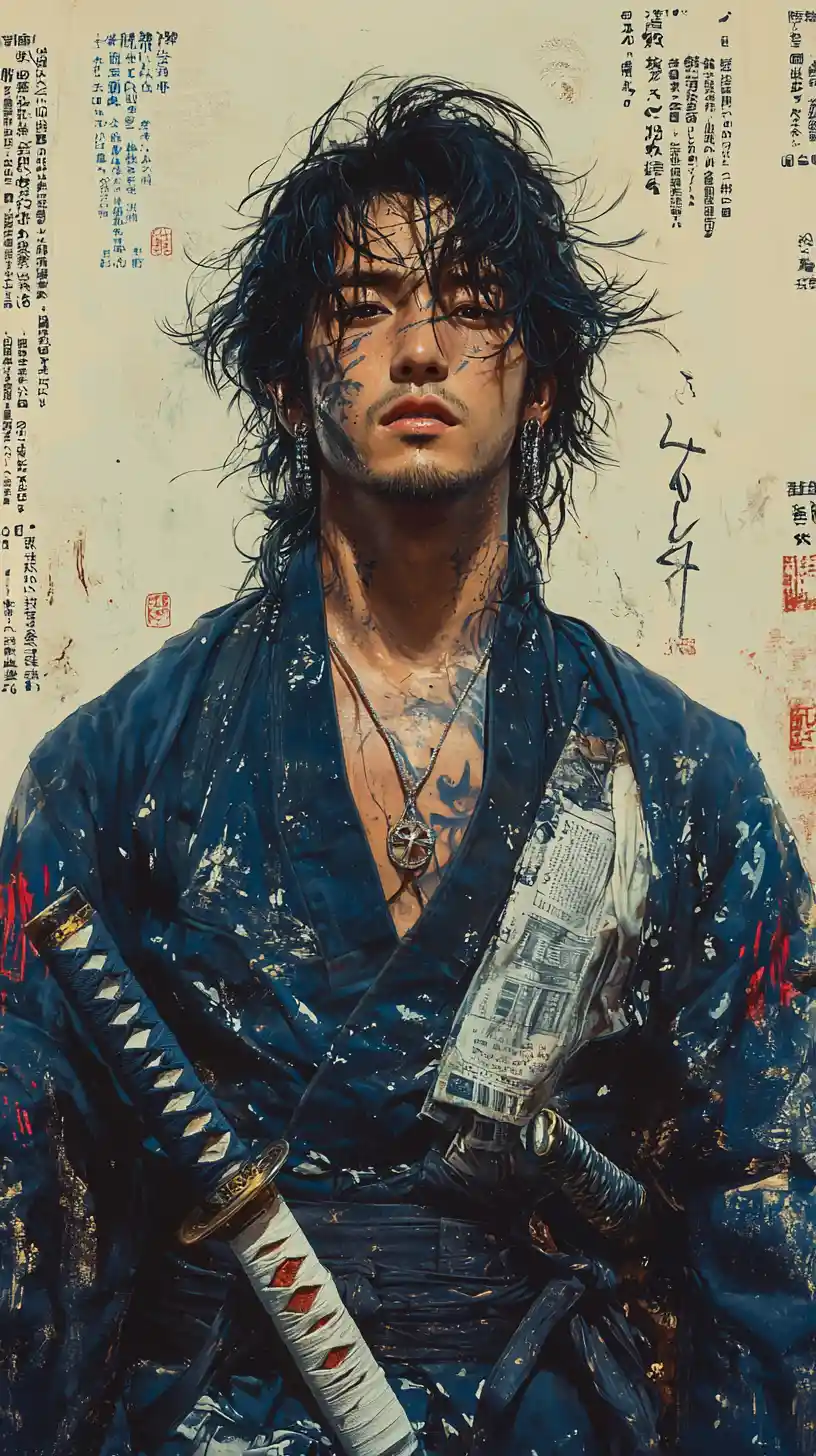 Soldado de anime em uniforme azul com katana e fundo de kanji