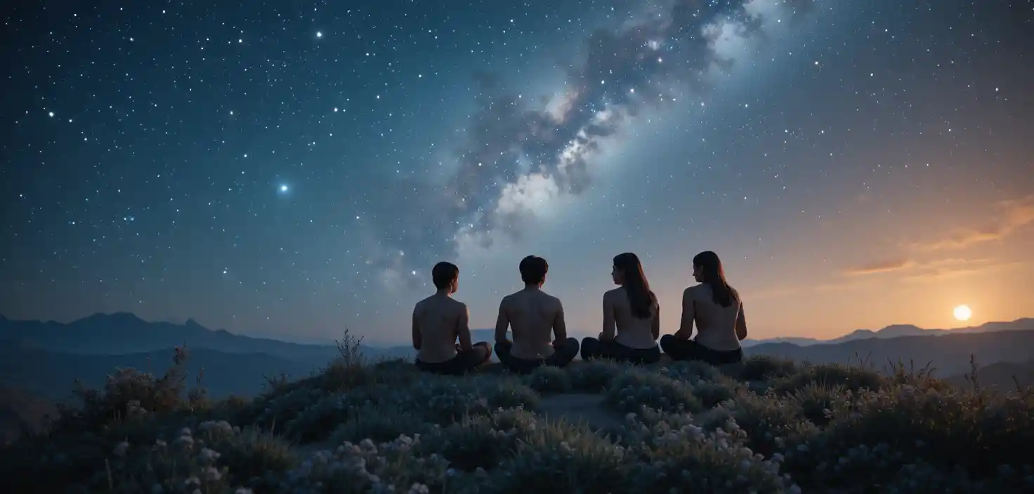 Pessoas dormindo ao ar livre sob um céu noturno estrelado