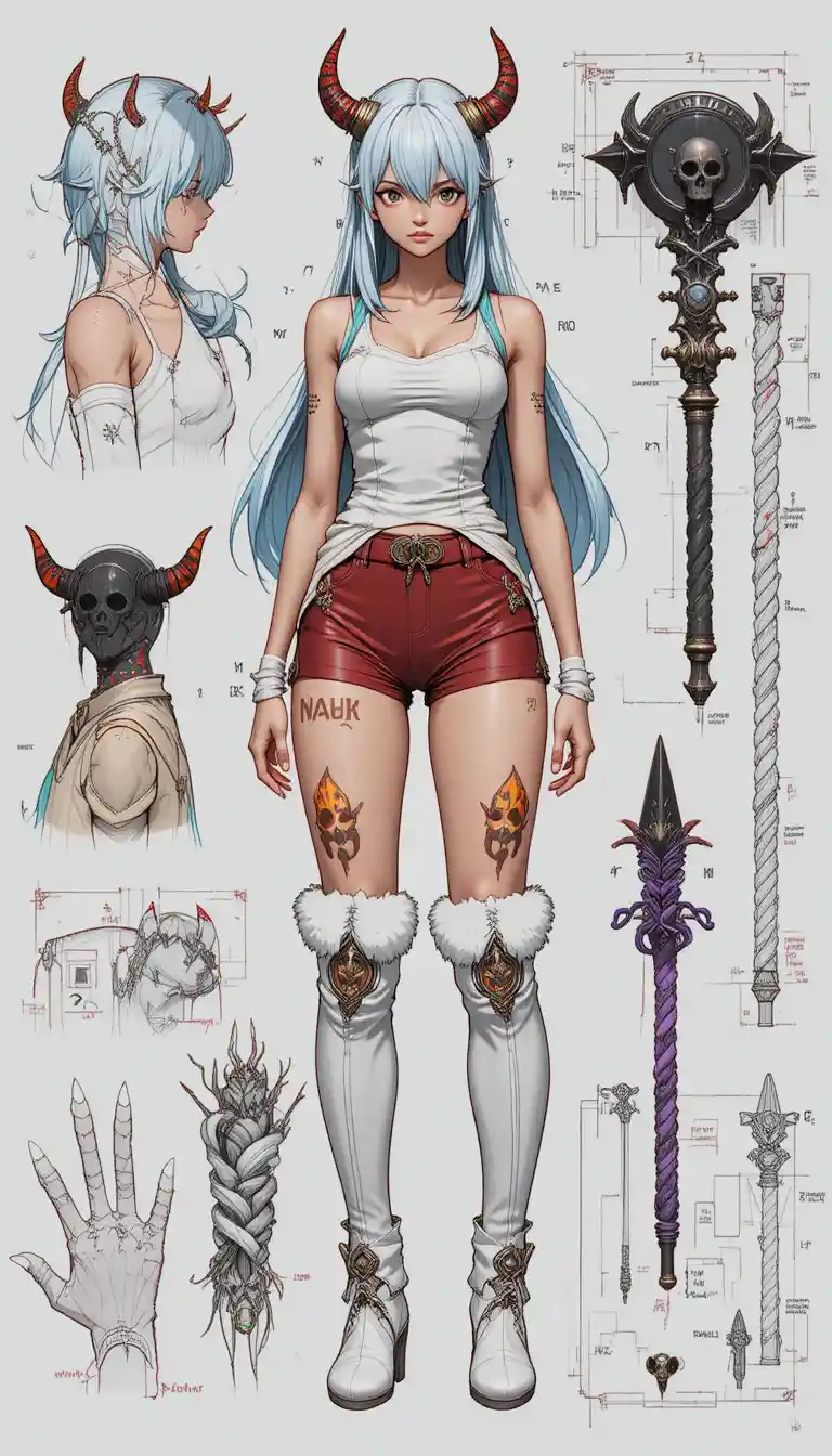 Ficha de personagem anime semirrealista com guerreira com chifres