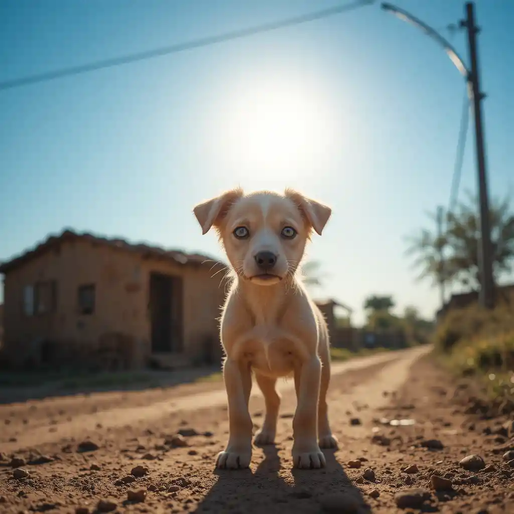 Tearful puppy alone on a rural dirt road at sunrise