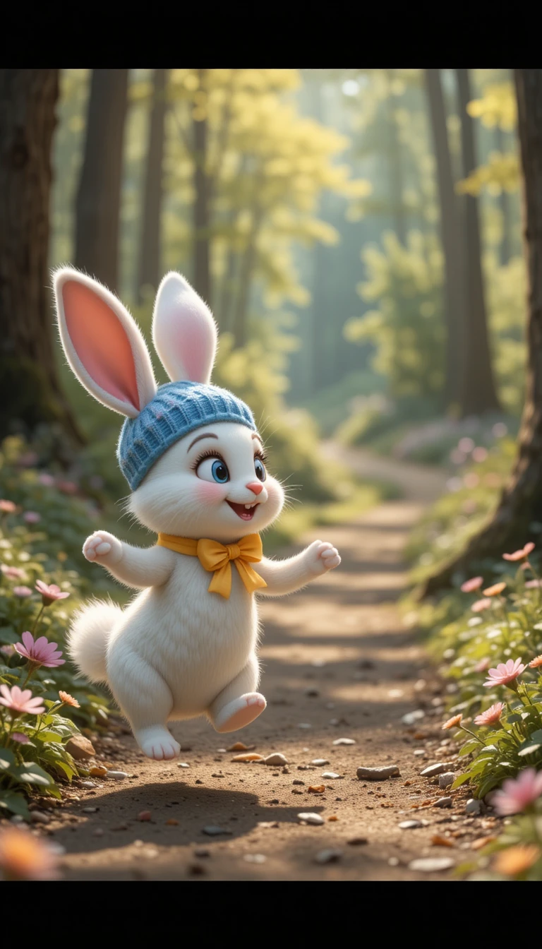 Lapin blanc saluant un ours souriant sur un sentier forestier