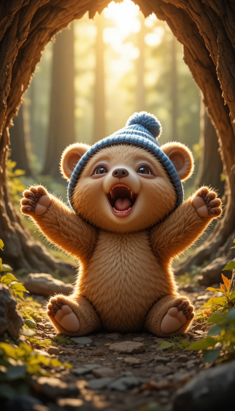 Cute baby bear waking up in a warm forest den