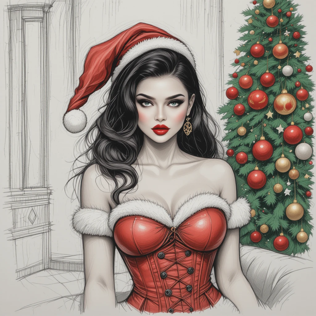 Glamouröse Frau im Santa-Kostüm neben geschmücktem Weihnachtsbaum