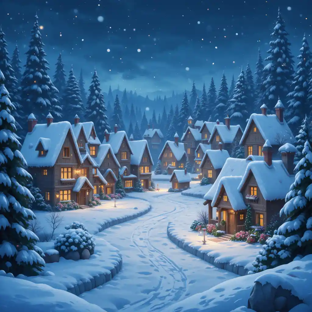 Magico villaggio innevato con casette accoglienti illuminate nella notte