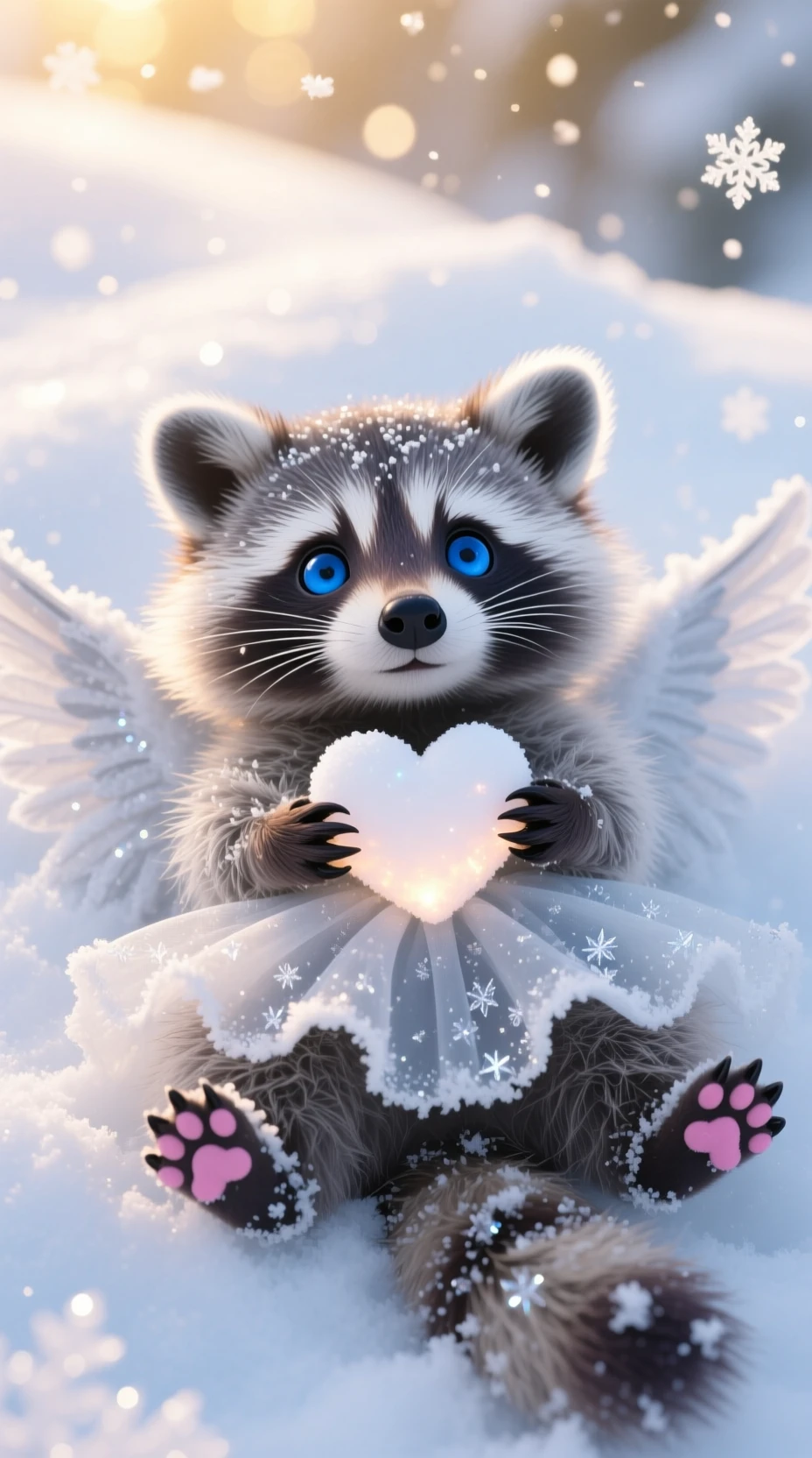 Mapache bebé abrazando un corazón de nieve brillante en la nieve